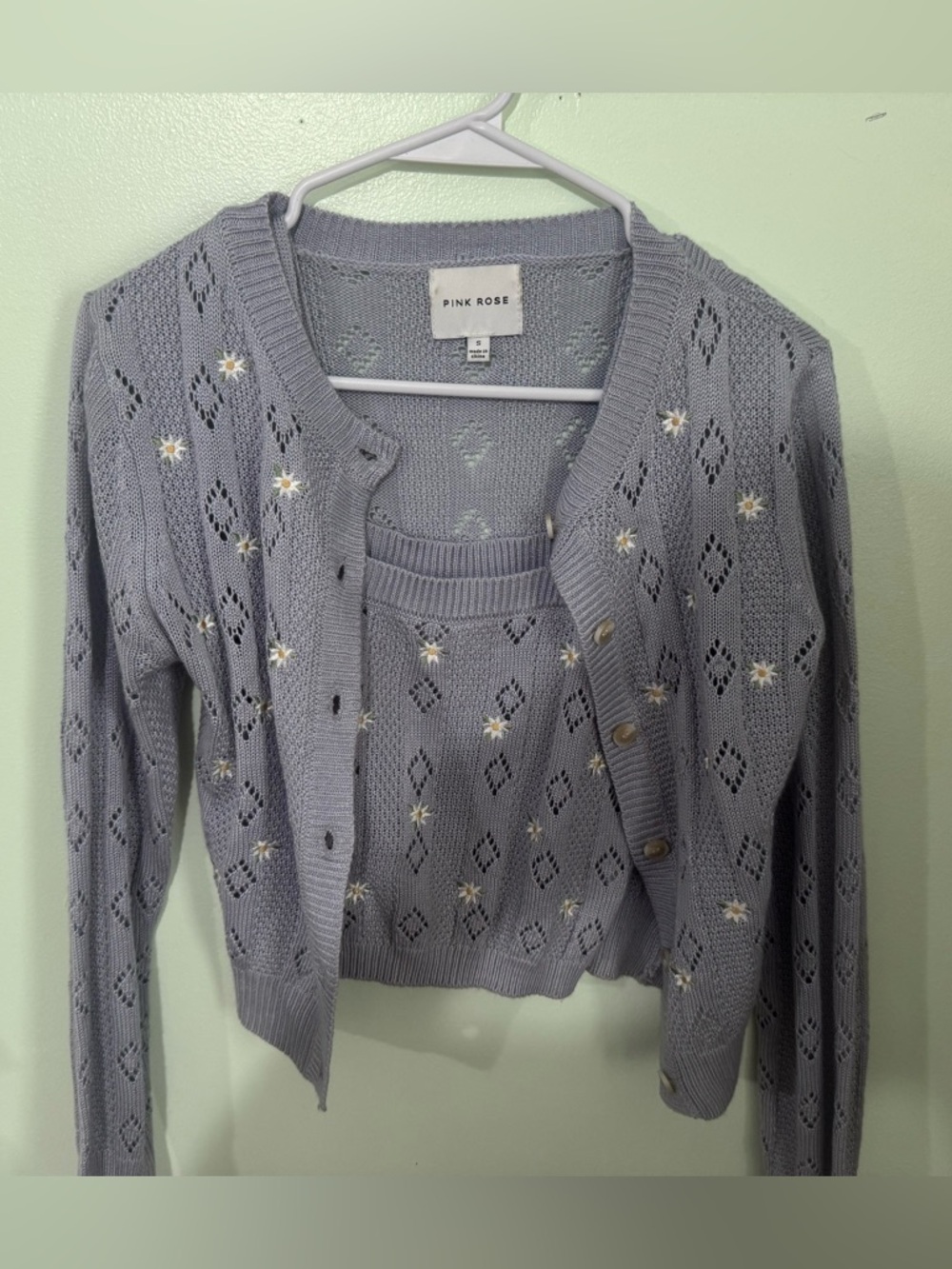 Pink Rose Lilac Eyelet Daisy Cardigan & Tank Set